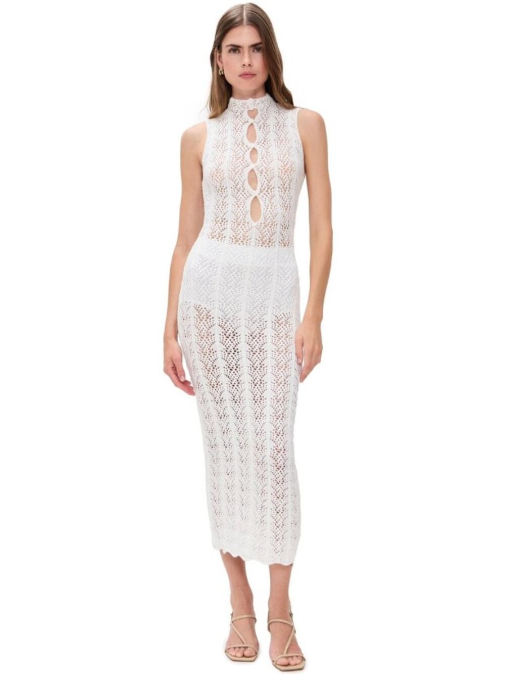NWT Lioness - Soiree Sleeveless Winter White Crochet Mock Neck Maxi Dress - L